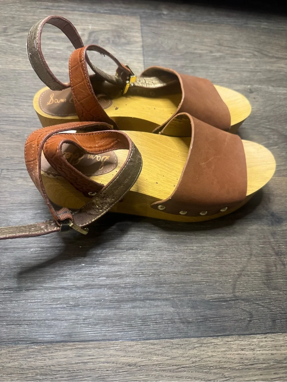 Sam Edelman Brown Leather Platform Slide Sandals with Ankle Strap